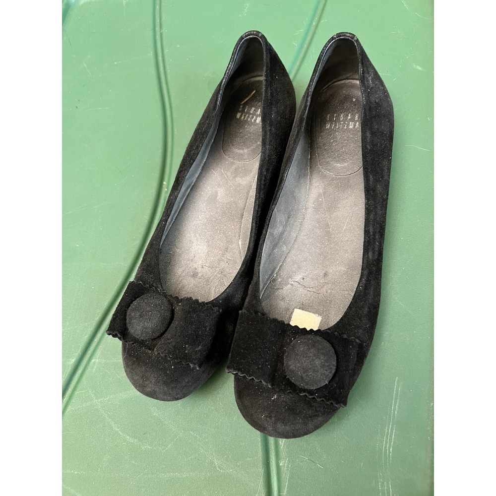 Stuart Weitzman Black Suede Ballet Flats Rubber Sole Sz 7.5 N With Bow & Button